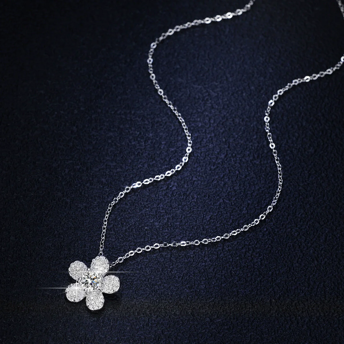 925 Sterling Silver Camellia Flower Natural Style Pendant Necklace With Moissanite - Image 3
