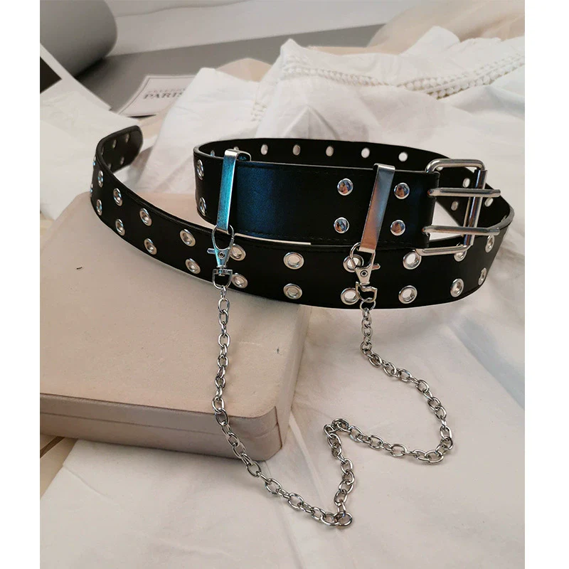 Allmatch Metal Chain Belt With Doublerow Air Eye Rivets Imitation Leather Hiphop Style - Image 4