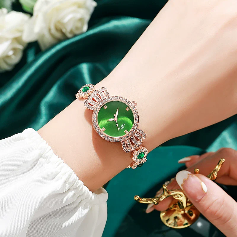 Allmatch Retro Quartz Watch For Women Peacock Green Alloy Case And Strap Round Dial Stainless Steel Buckle