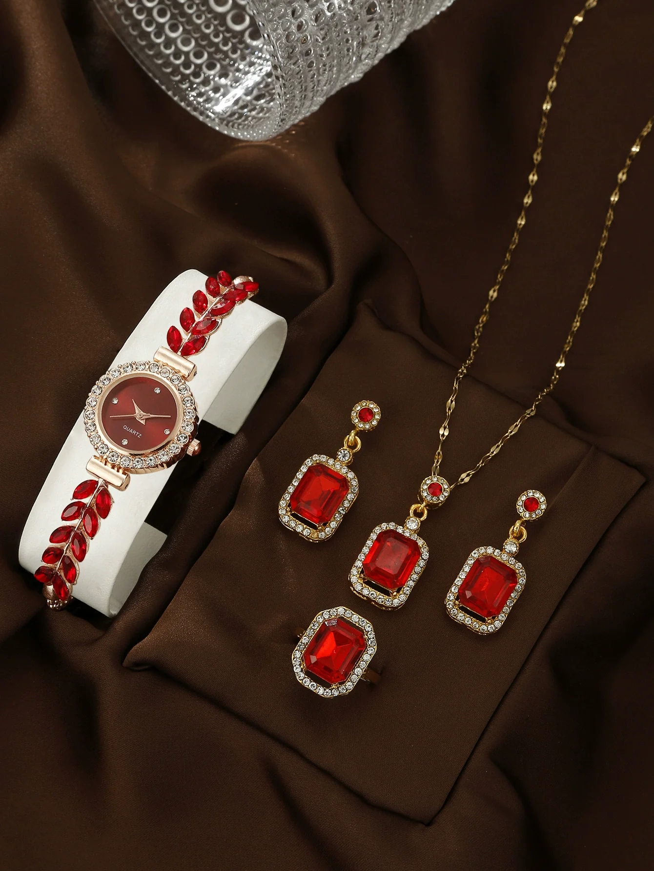Allmatch Round Diamond Edge Leafshaped Alloy Quartz Jewelry Set For Women - Image 12