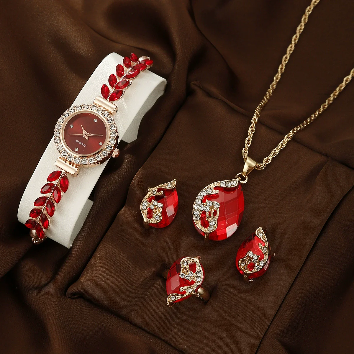 Allmatch Round Diamond Edge Leafshaped Alloy Quartz Jewelry Set For Women - Image 16