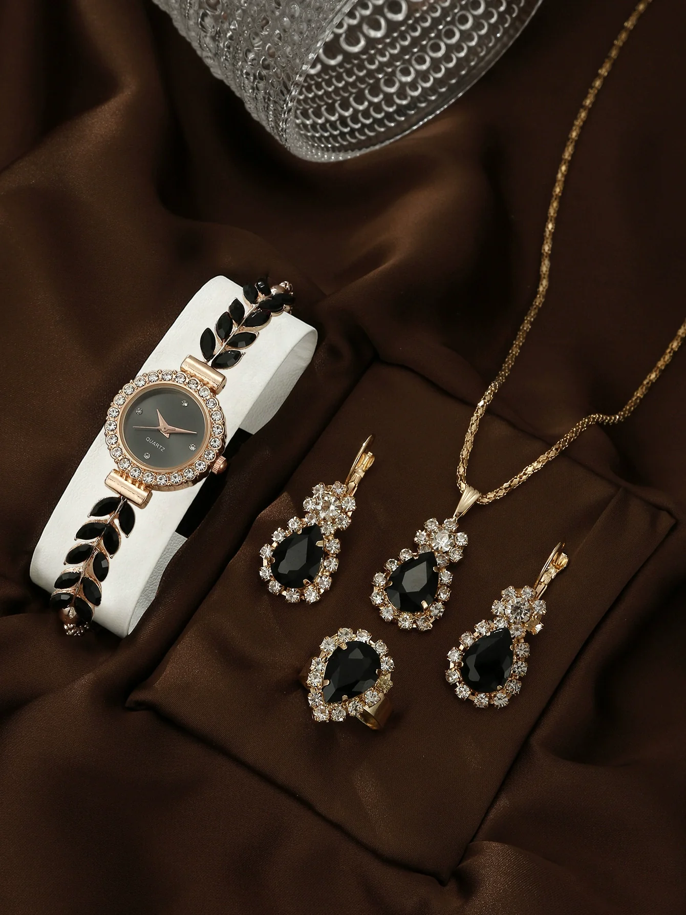 Allmatch Round Diamond Edge Leafshaped Alloy Quartz Jewelry Set For Women - Image 20