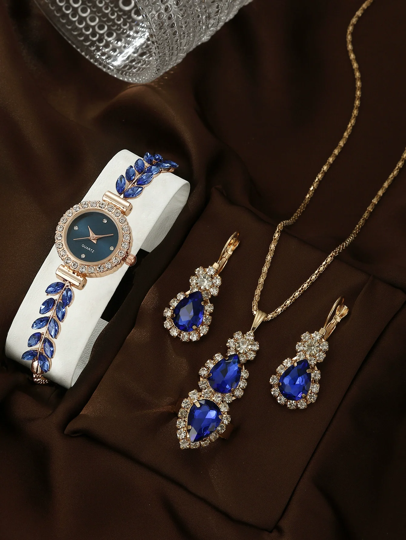 Allmatch Round Diamond Edge Leafshaped Alloy Quartz Jewelry Set For Women - Image 22