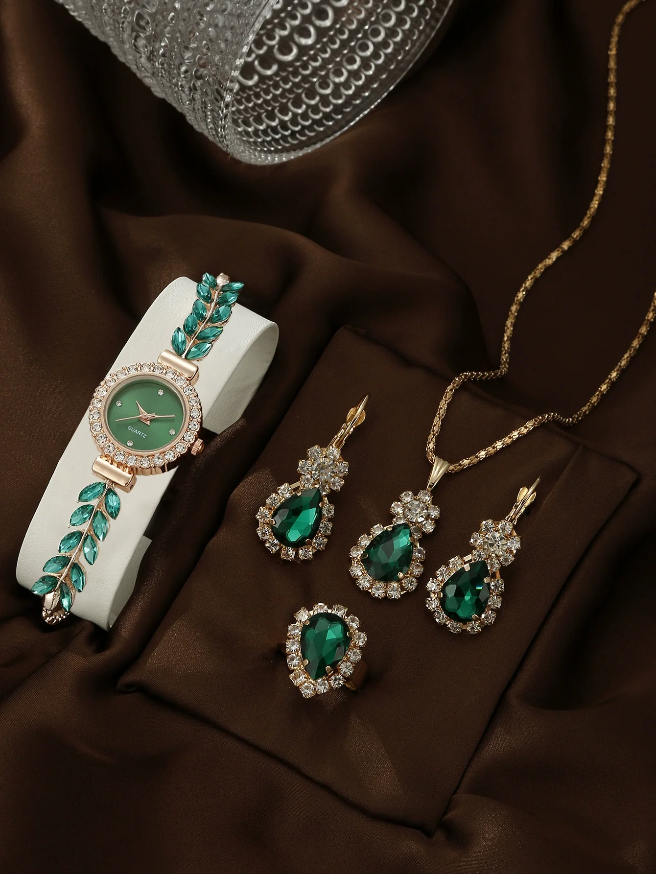 Allmatch Round Diamond Edge Leafshaped Alloy Quartz Jewelry Set For Women - Image 23