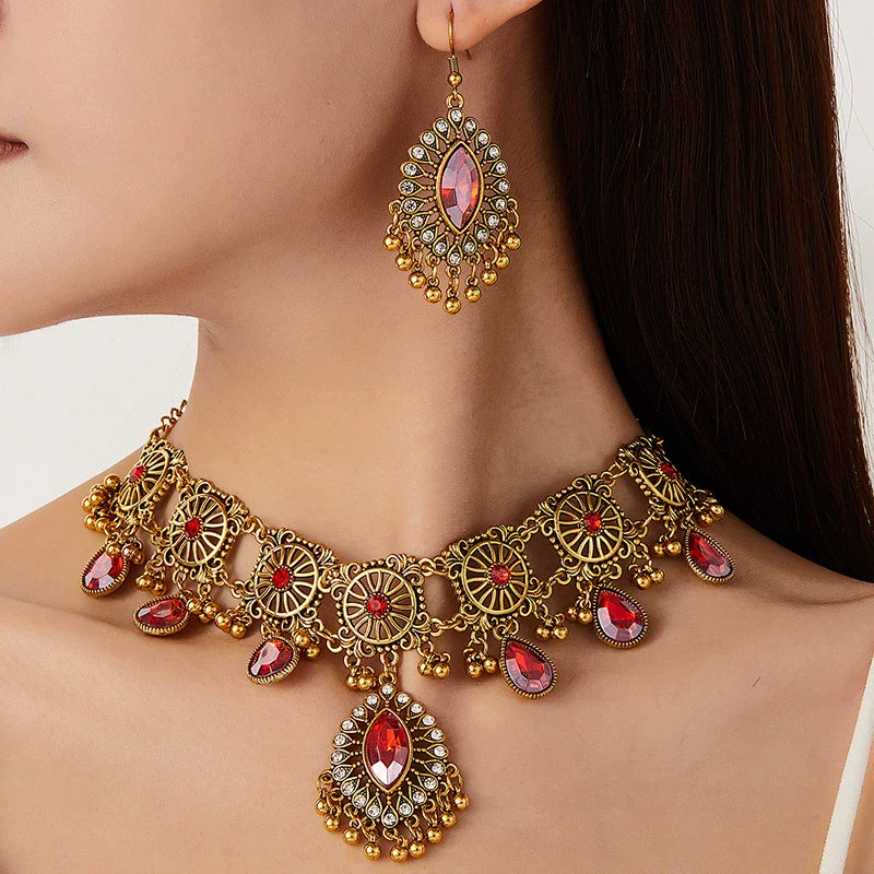 Alloy Acrylic Rhinestones Vintage Hollow Drop Spike Style Female Necklace And Earrings - Image 10
