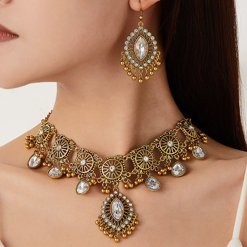Alloy Acrylic Rhinestones Vintage Hollow Drop Spike Style Female Necklace And Earrings - Image 2