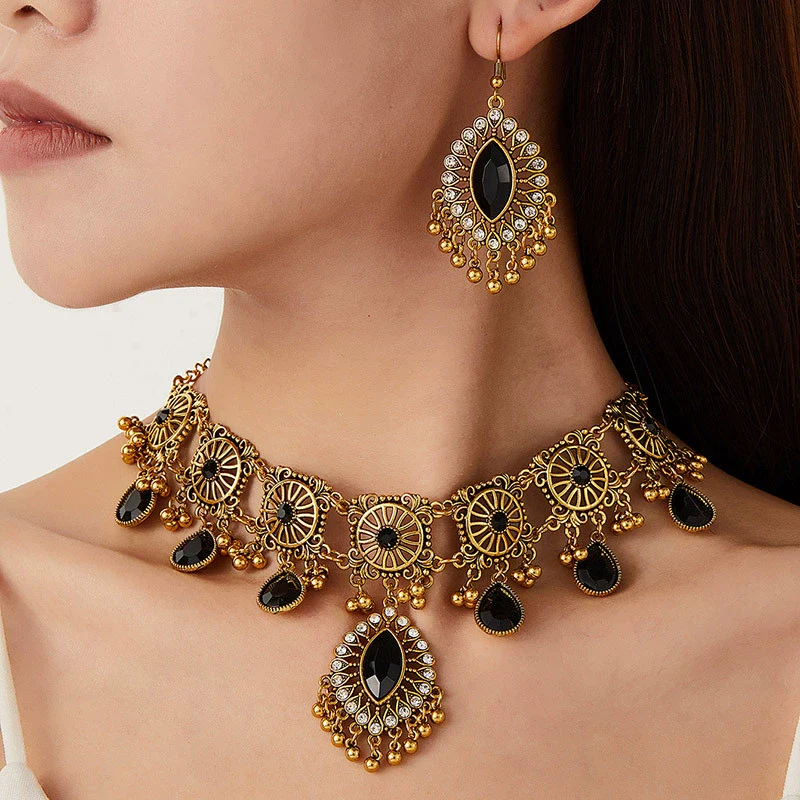 Alloy Acrylic Rhinestones Vintage Hollow Drop Spike Style Female Necklace And Earrings - Image 8