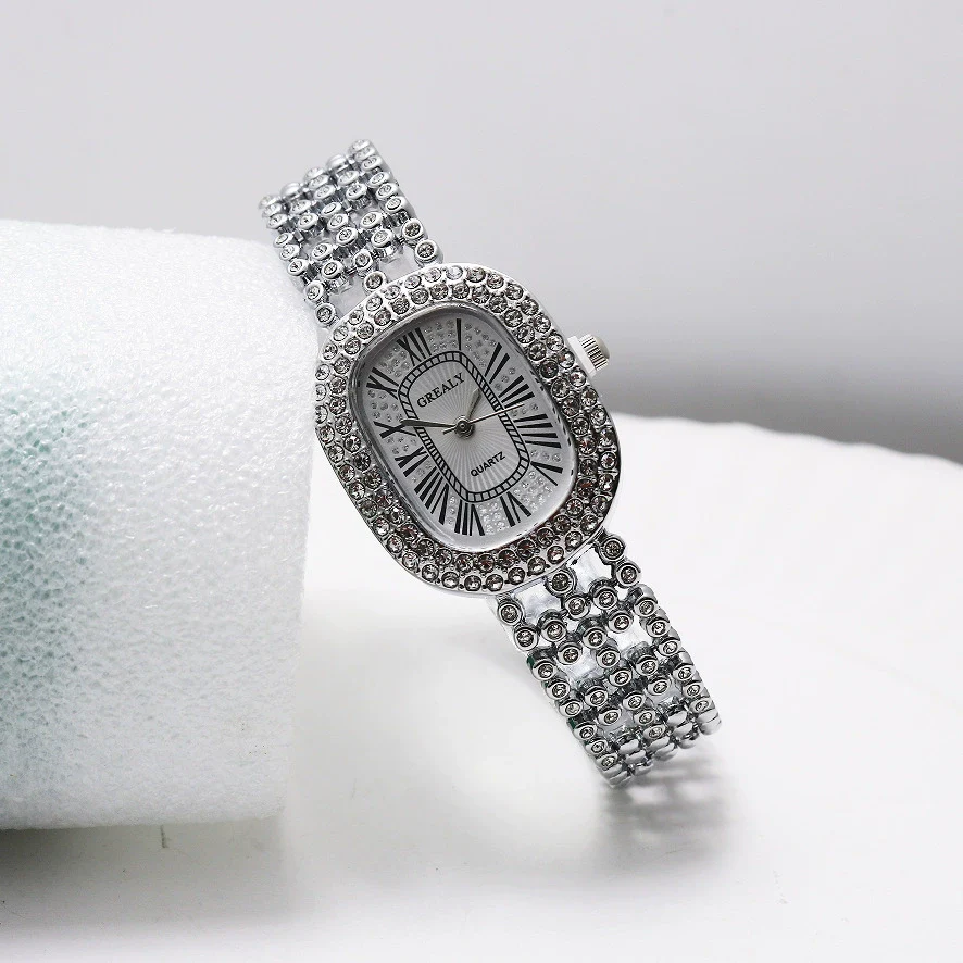 Alloy And Stainless Steel Diamondencrusted Oval Eggshaped Women's Casual Bracelet Watch