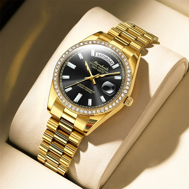 Alloy Band Automatic Hollow Fake Mechanical Luminous Calendar Waterproof Couple Watches With Round Dial - Image 2