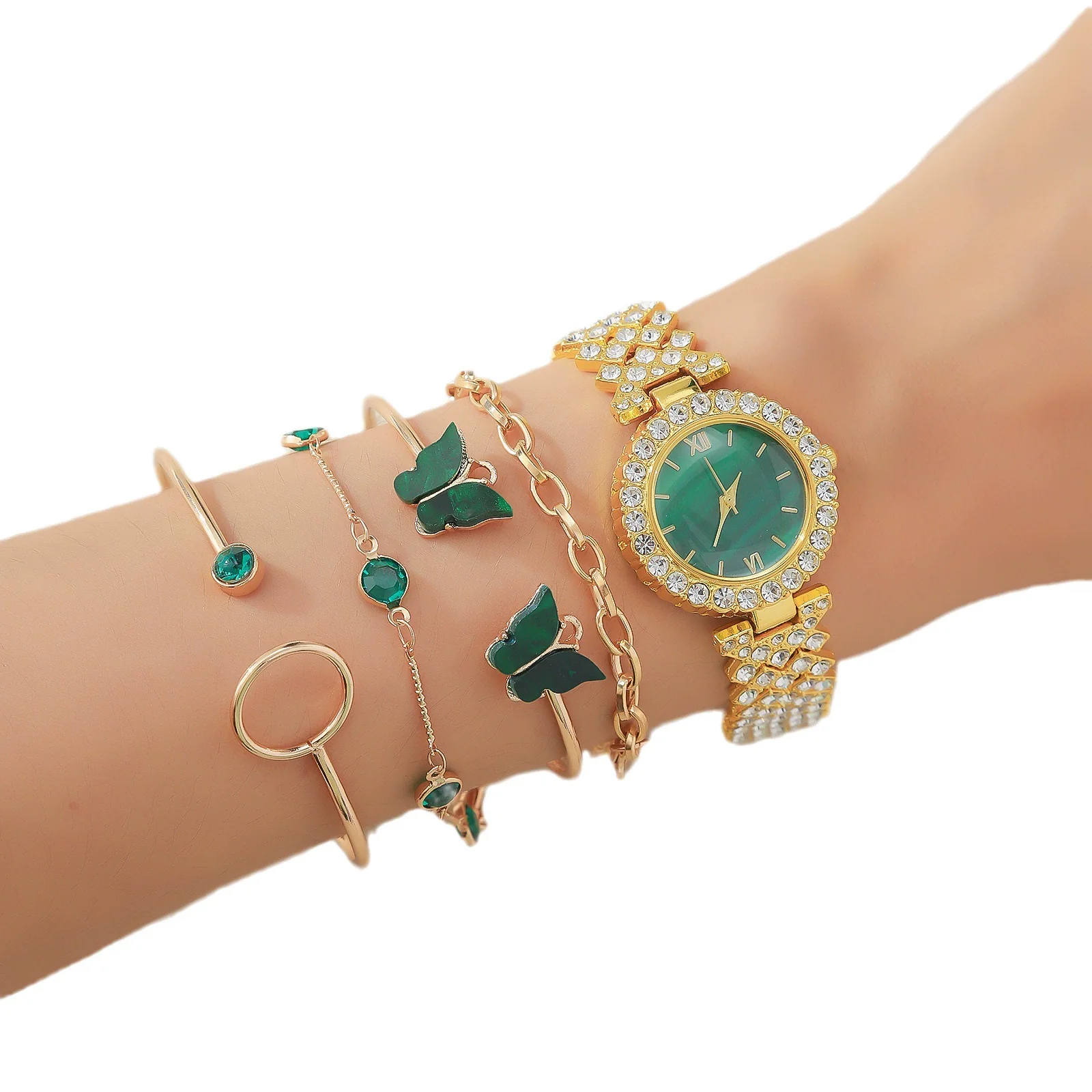 Alloy Band Fashion Female Emerald Green Round Dial Butterfly Bracelet Watch - Image 5