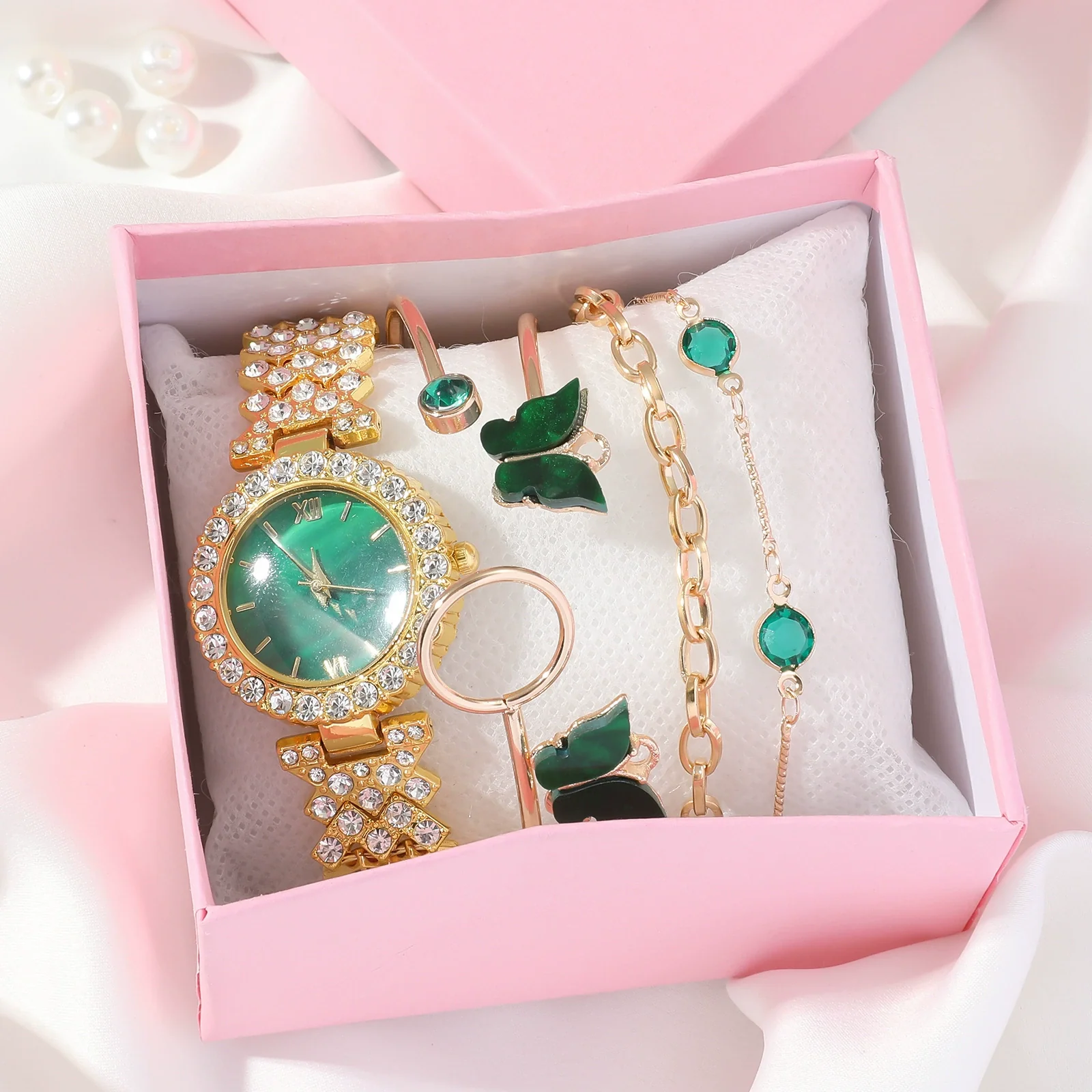 Alloy Band Fashion Female Emerald Green Round Dial Butterfly Bracelet Watch - Image 6