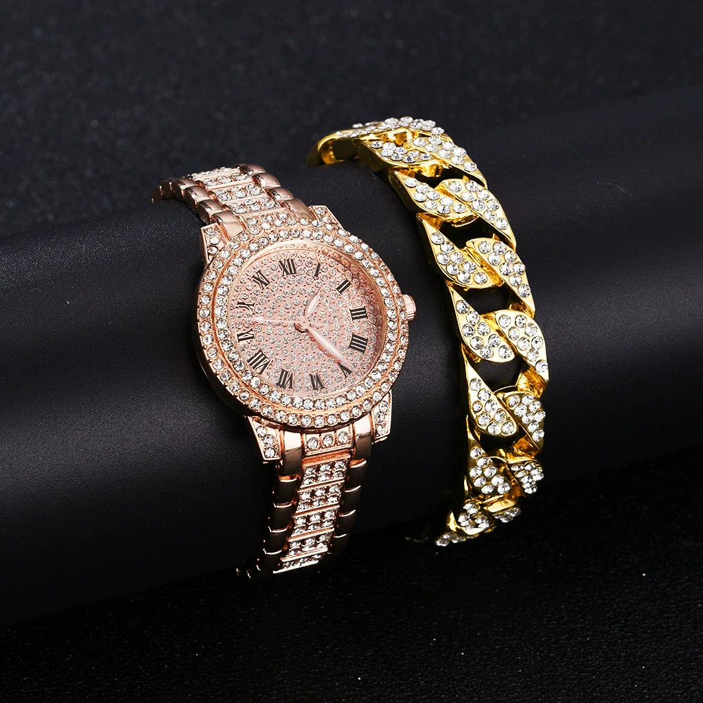 Alloy Band Quartz Watch With Roman Literal And Full Diamond For Women Leisure Style Round Dial - Image 2