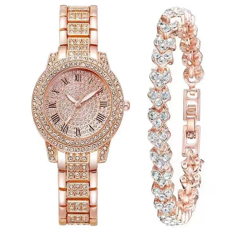 Alloy Band Quartz Watch With Roman Literal And Full Diamond For Women Leisure Style Round Dial - Image 25