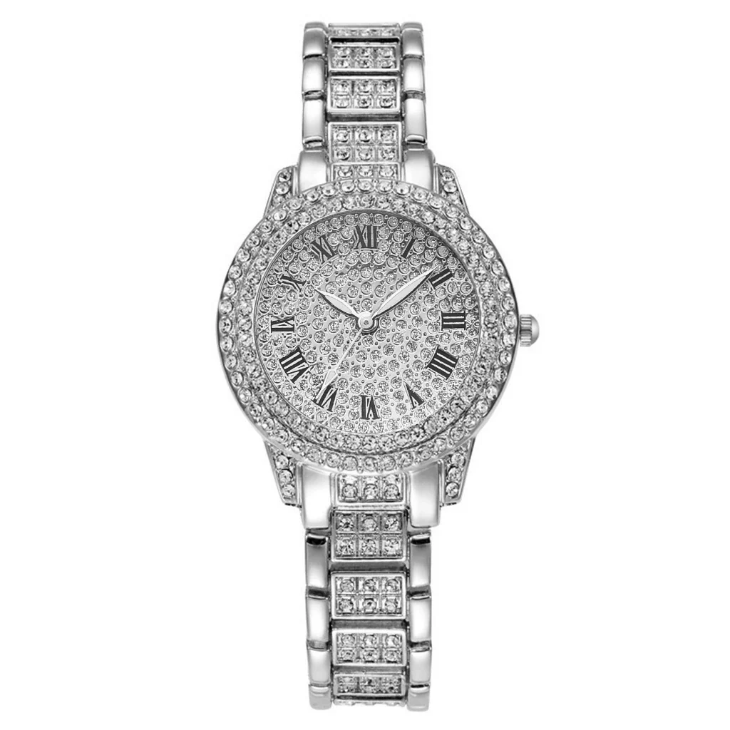 Alloy Band Quartz Watch With Roman Literal And Full Diamond For Women Leisure Style Round Dial - Image 3