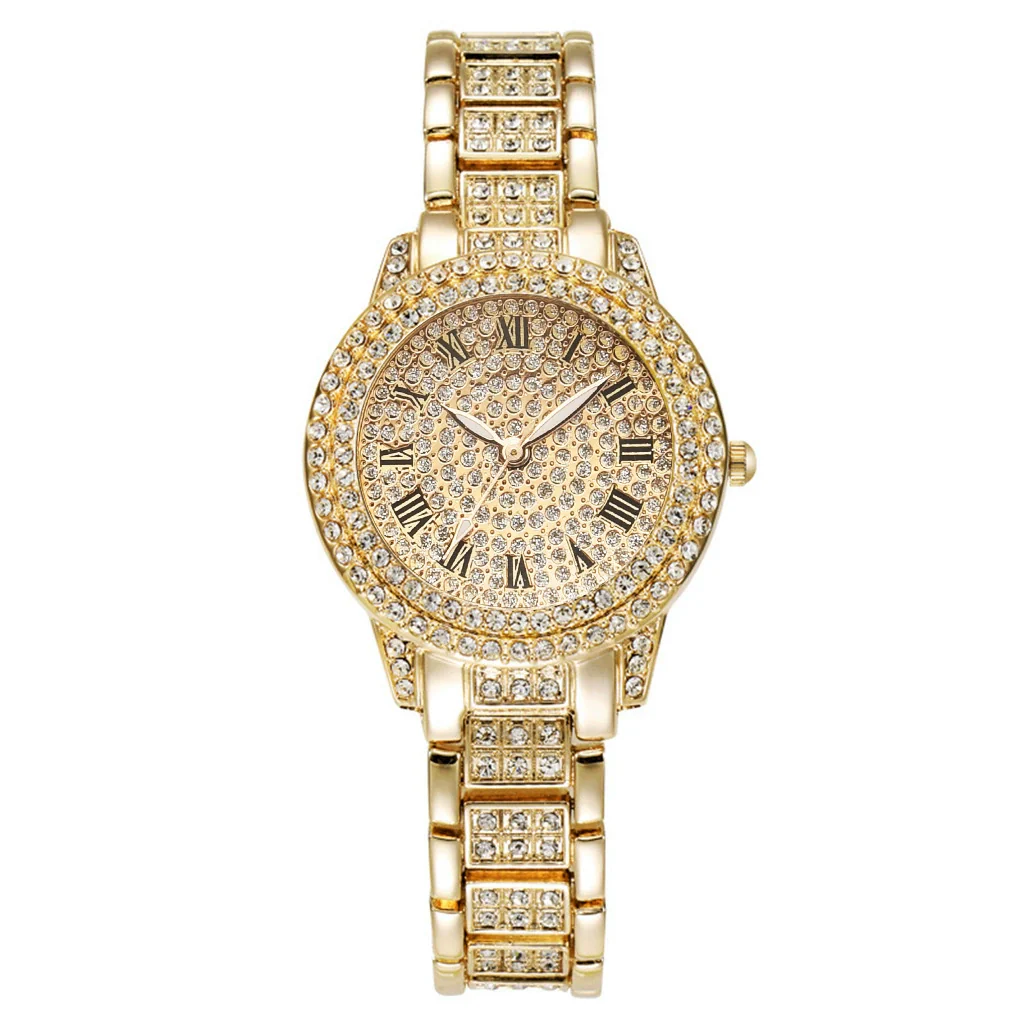 Alloy Band Quartz Watch With Roman Literal And Full Diamond For Women Leisure Style Round Dial - Image 5