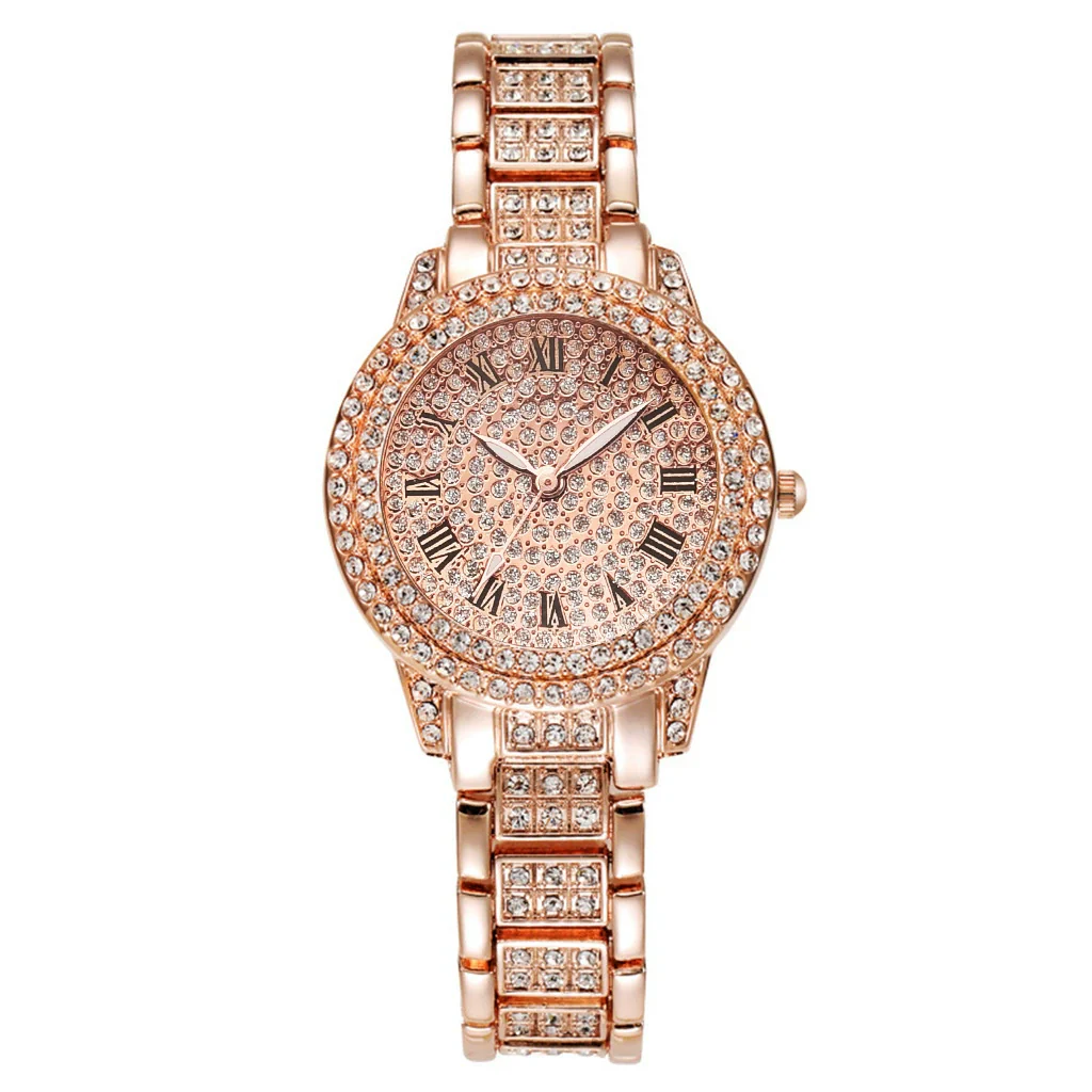 Alloy Band Quartz Watch With Roman Literal And Full Diamond For Women Leisure Style Round Dial - Image 6