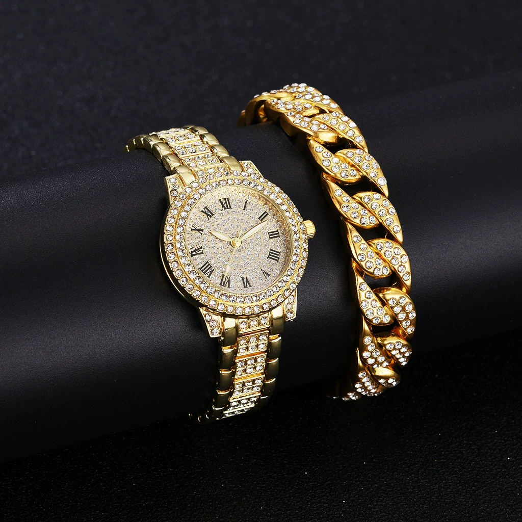 Alloy Band Quartz Watch With Roman Literal And Full Diamond For Women Leisure Style Round Dial - Image 8