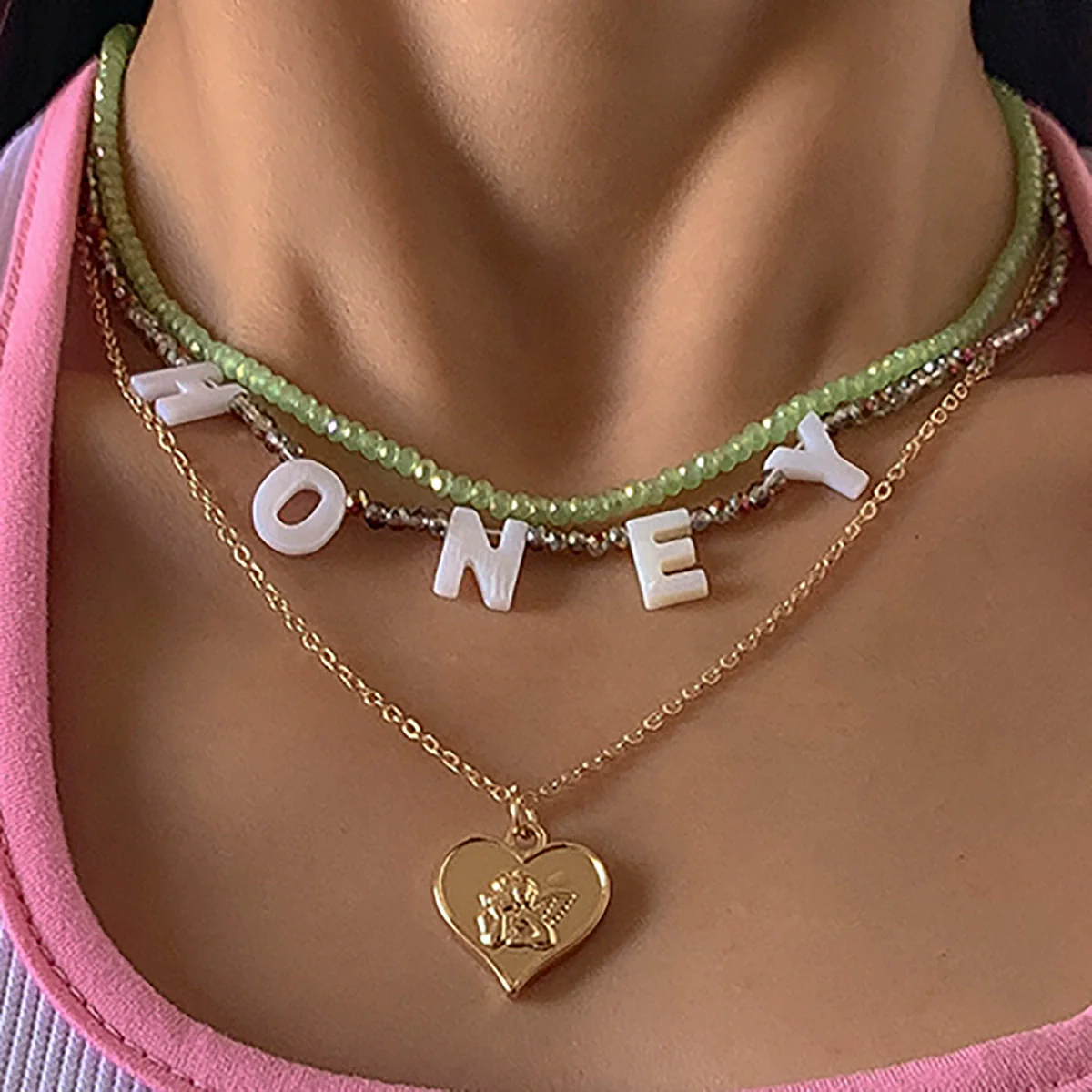 Alloy Bead Letter Stacked Heartshaped Pendant Collarbone Necklace For Women With Geometric Pattern And Electroplating Treatment