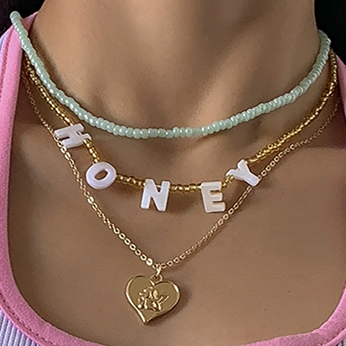 Alloy Bead Letter Stacked Heartshaped Pendant Collarbone Necklace For Women With Geometric Pattern And Electroplating Treatment - Image 4