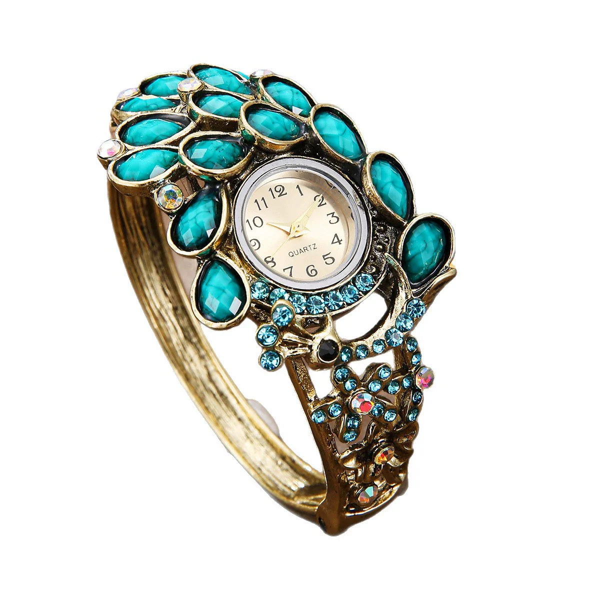 Alloy Bracelet Watch Women's Fashion Round Dial Diamondencrusted Peacock Quartz Hollow Design - Image 5