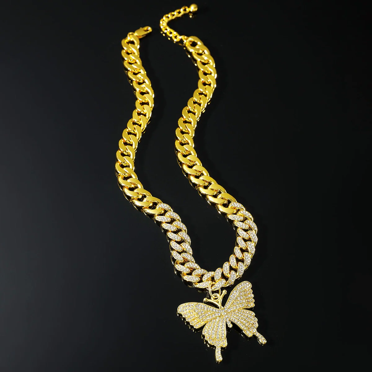 Alloy Butterfly Cuban Chain Necklace With Diamond Inlay Hiphop Style Featuring Letters Numbers Text Pattern For Men - Image 2