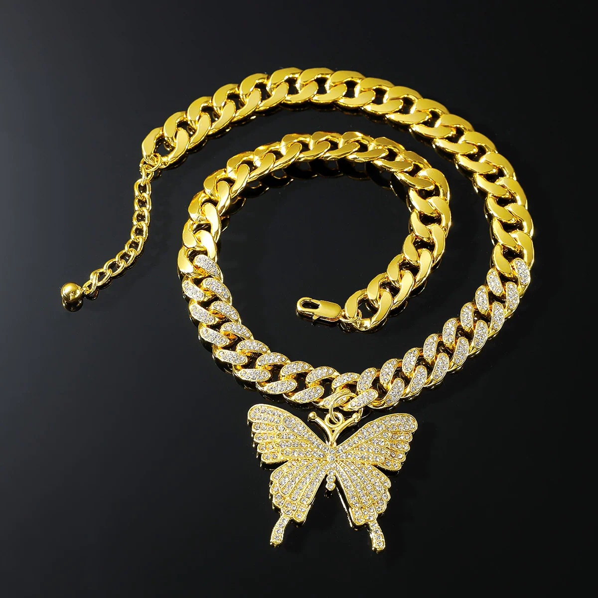 Alloy Butterfly Cuban Chain Necklace With Diamond Inlay Hiphop Style Featuring Letters Numbers Text Pattern For Men - Image 3