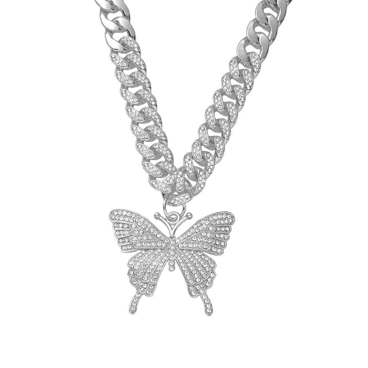 Alloy Butterfly Cuban Chain Necklace With Diamond Inlay Hiphop Style Featuring Letters Numbers Text Pattern For Men - Image 7