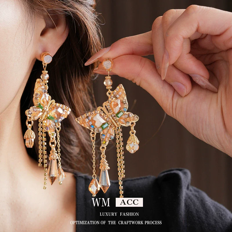Alloy Butterfly Tassel Earrings Set With Diamonds Geometric Animal Zodiac Retro Sophisticated For Women
