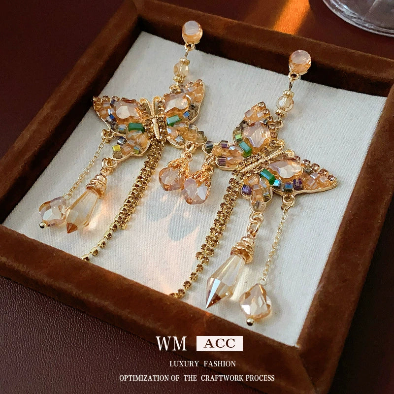 Alloy Butterfly Tassel Earrings Set With Diamonds Geometric Animal Zodiac Retro Sophisticated For Women - Image 2