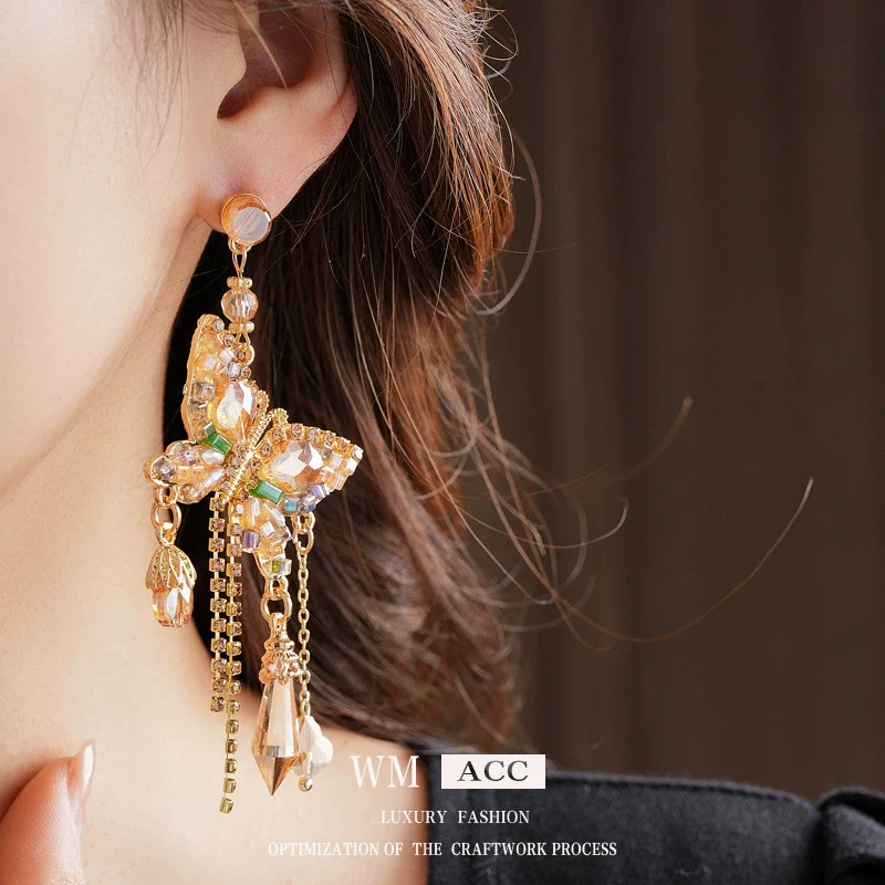 Alloy Butterfly Tassel Earrings Set With Diamonds Geometric Animal Zodiac Retro Sophisticated For Women - Image 3