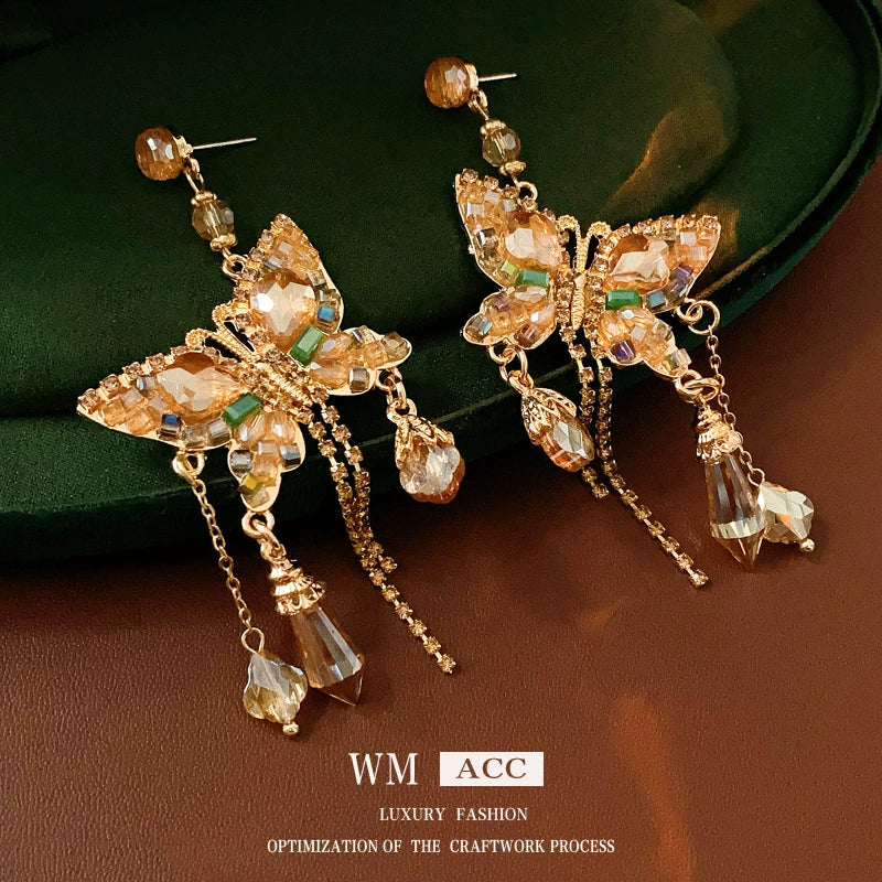 Alloy Butterfly Tassel Earrings Set With Diamonds Geometric Animal Zodiac Retro Sophisticated For Women - Image 4