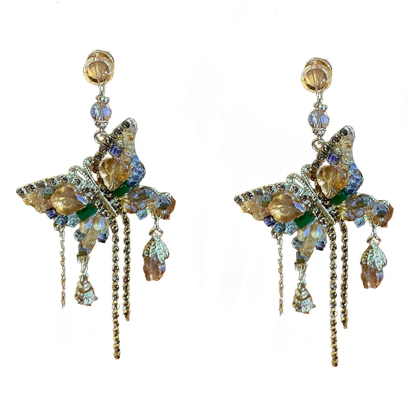 Alloy Butterfly Tassel Earrings Set With Diamonds Geometric Animal Zodiac Retro Sophisticated For Women - Image 5