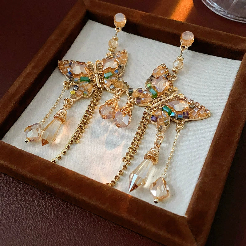 Alloy Butterfly Tassel Earrings Set With Diamonds Geometric Animal Zodiac Retro Sophisticated For Women - Image 6