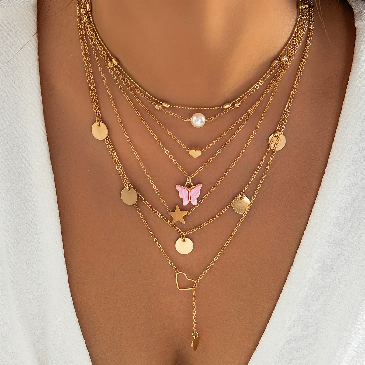 Alloy Butterfly Tassel Pendant Stacked Suit Necklace With Cross Chain And Electroplating Animal Zodiac Design - Image 2