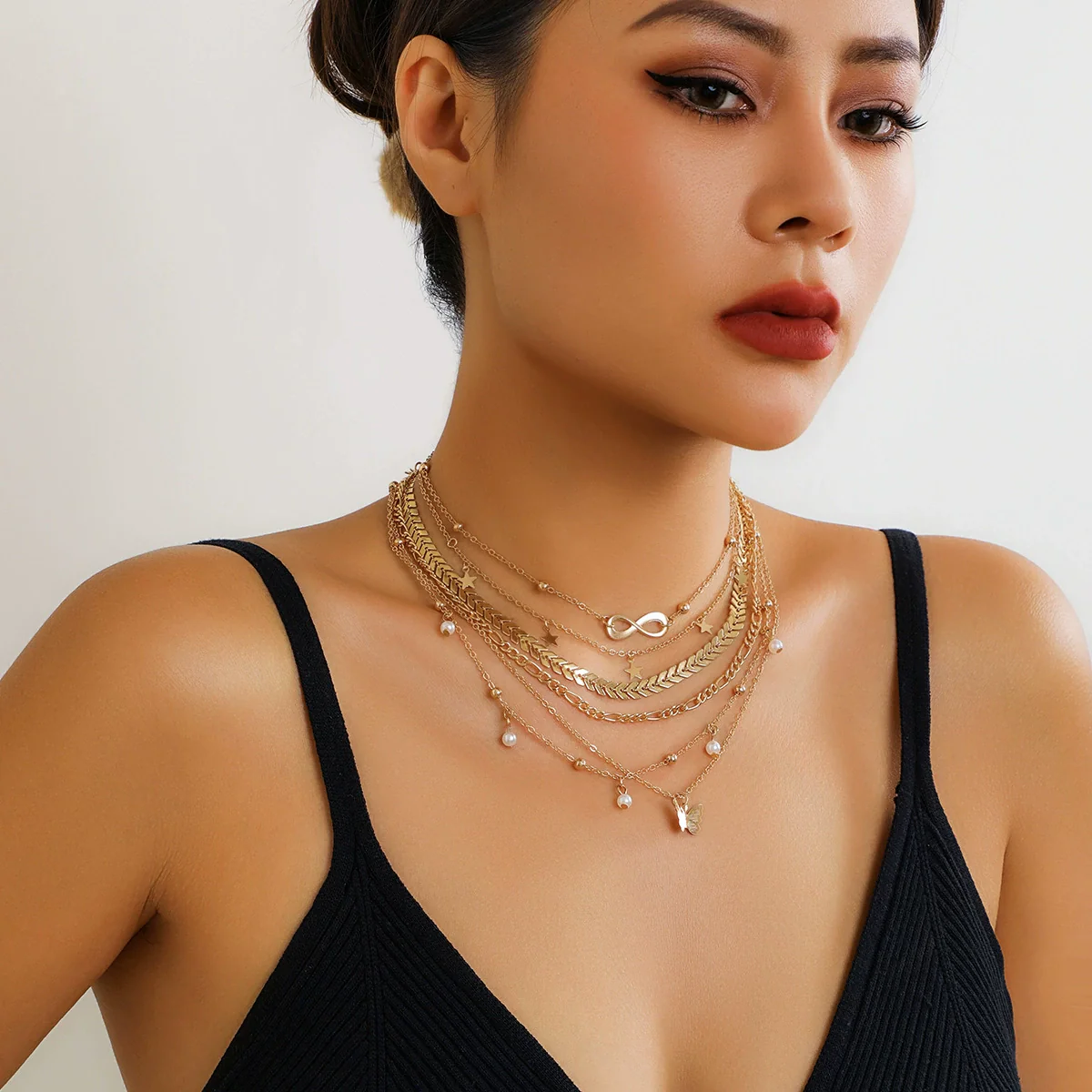 Alloy Butterfly Tassel Pendant Stacked Suit Necklace With Cross Chain And Electroplating Animal Zodiac Design - Image 6