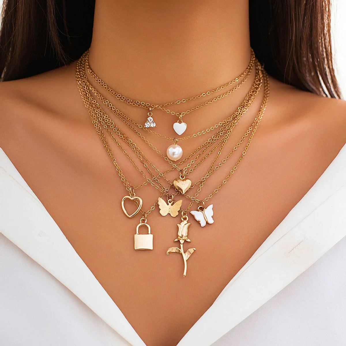 Alloy Butterfly Tassel Pendant Stacked Suit Necklace With Cross Chain And Electroplating Animal Zodiac Design - Image 7