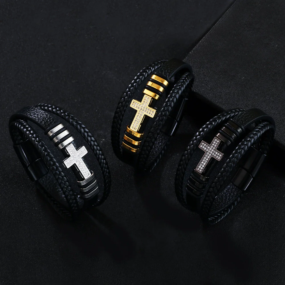 Alloy Copper Inlaid Zircon Cross Bracelet Hand Woven With Pu Leather Rope Fashion Jewelry With Diamond Design - Image 2