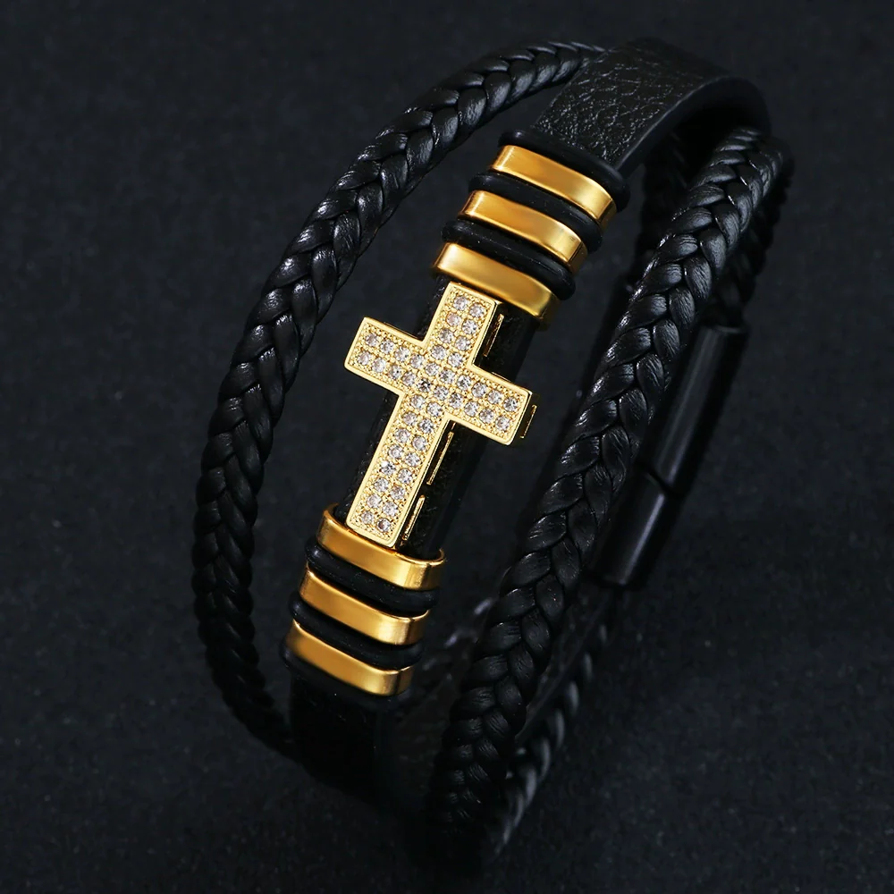 Alloy Copper Inlaid Zircon Cross Bracelet Hand Woven With Pu Leather Rope Fashion Jewelry With Diamond Design - Image 3