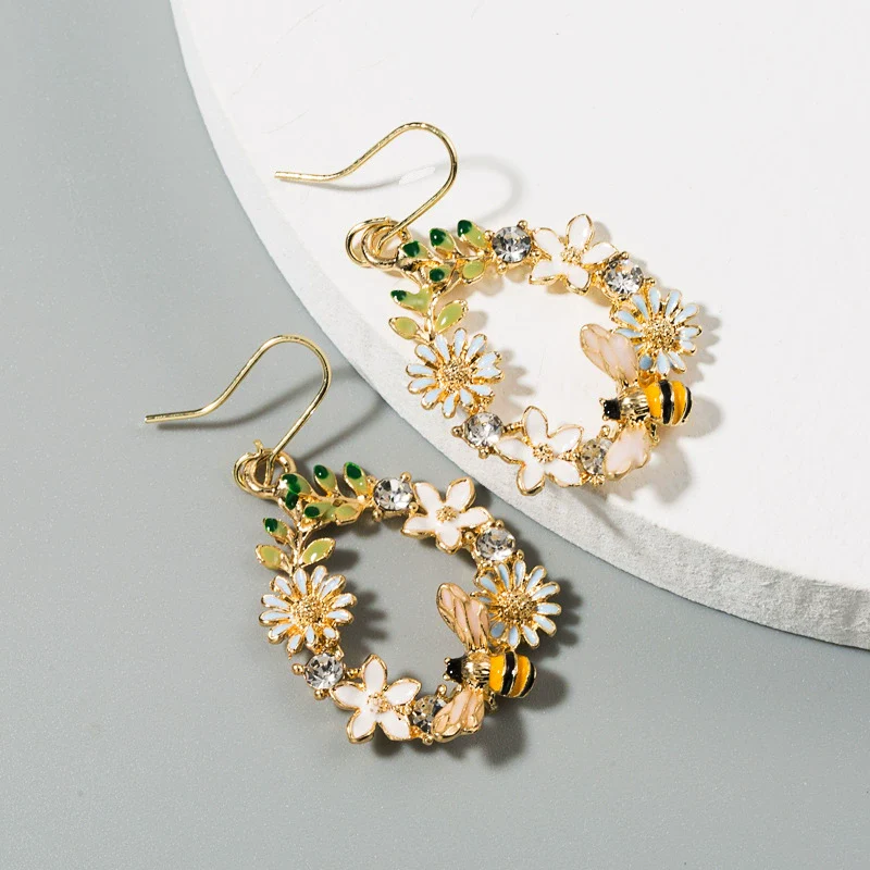 Alloy Creative Flowers Drop Earrings With S925 Silver Needle And Diamond Color Butterfly Bee Design For Women