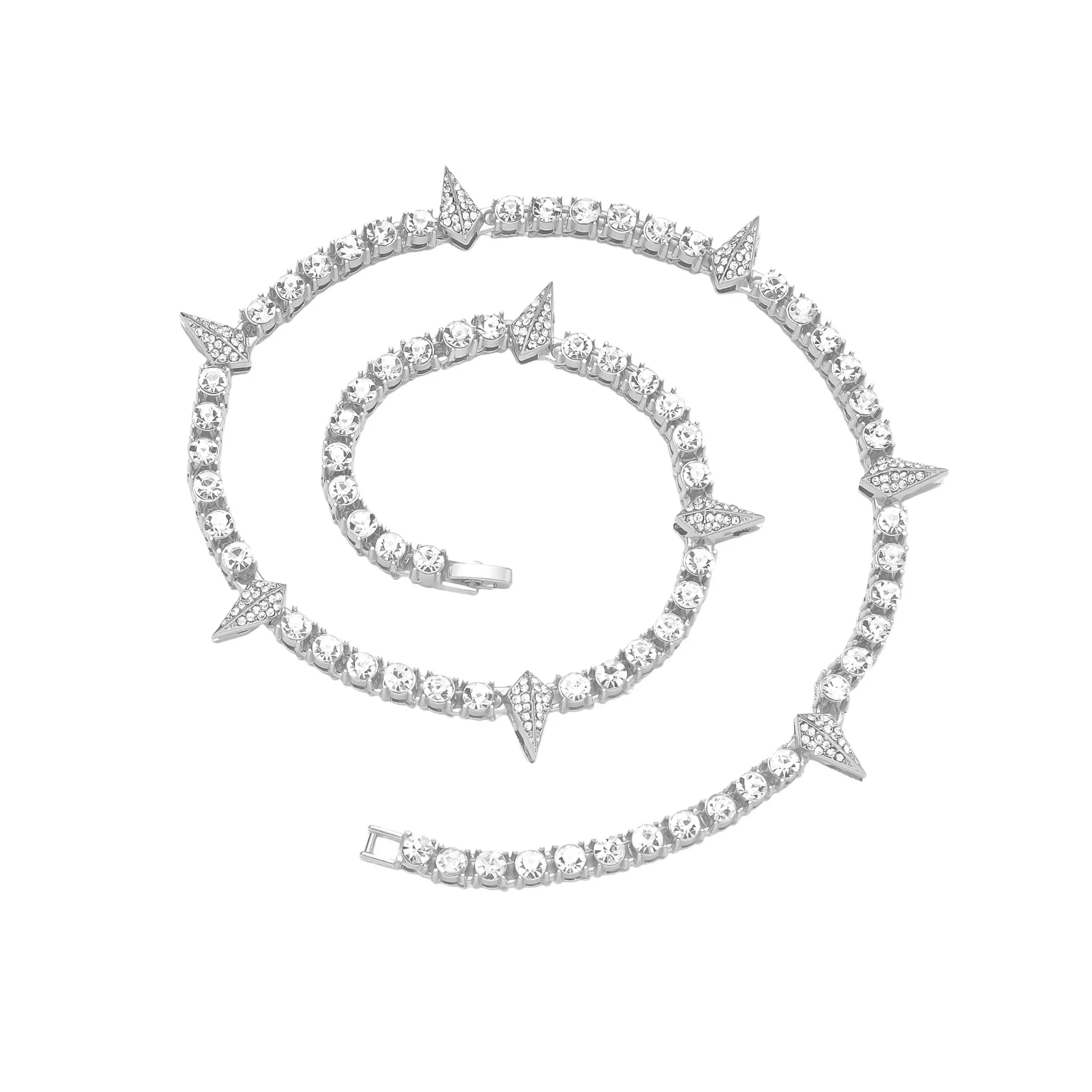 Alloy Cuban Chain Hiphop Style Geometric Diamond Stitching Necklace And Bracelet Jewelry - Image 5