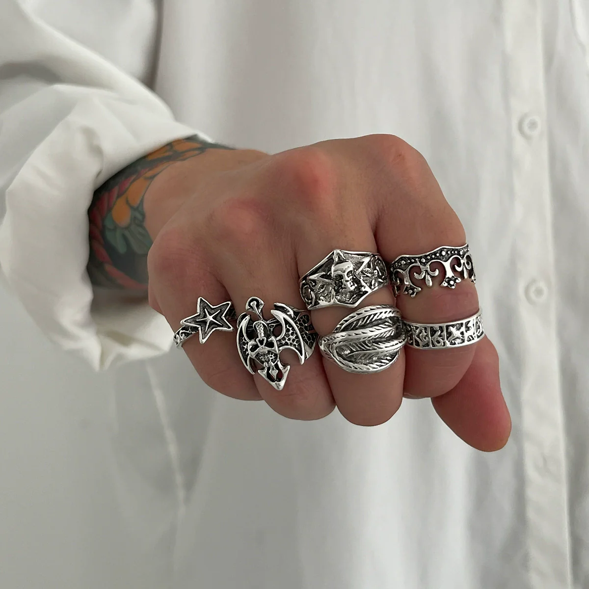 Alloy Dark Punk Retro Joint Ring Set With Carved Bat And Geometric Pattern For Couple