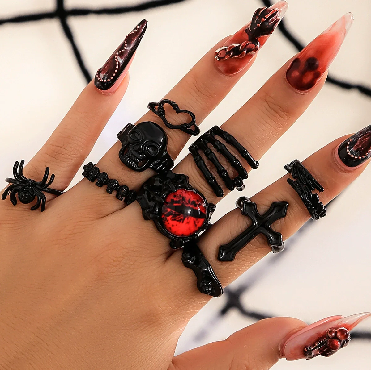 Alloy Dark Punk Retro Joint Ring Set With Carved Bat And Geometric Pattern For Couple - Image 3