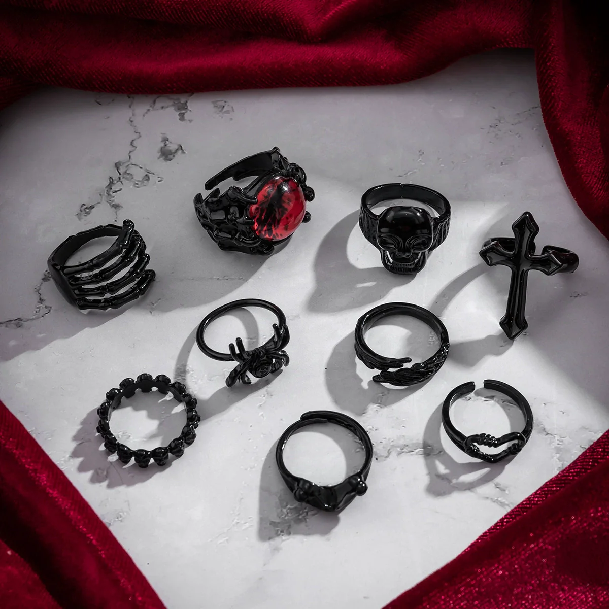 Alloy Dark Punk Retro Joint Ring Set With Carved Bat And Geometric Pattern For Couple - Image 4