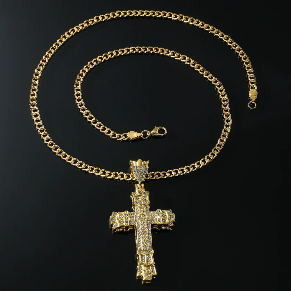 Alloy Diamond Cross Pendant Necklace Hiphop Geometric Men's Accessories - Image 2