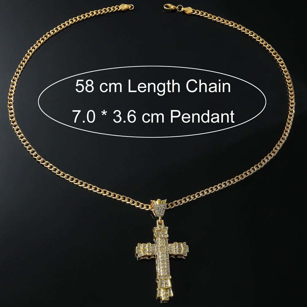 Alloy Diamond Cross Pendant Necklace Hiphop Geometric Men's Accessories - Image 3
