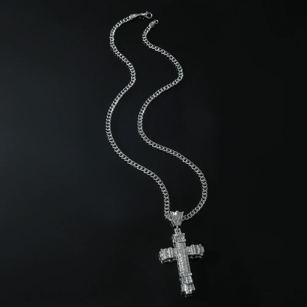 Alloy Diamond Cross Pendant Necklace Hiphop Geometric Men's Accessories - Image 4