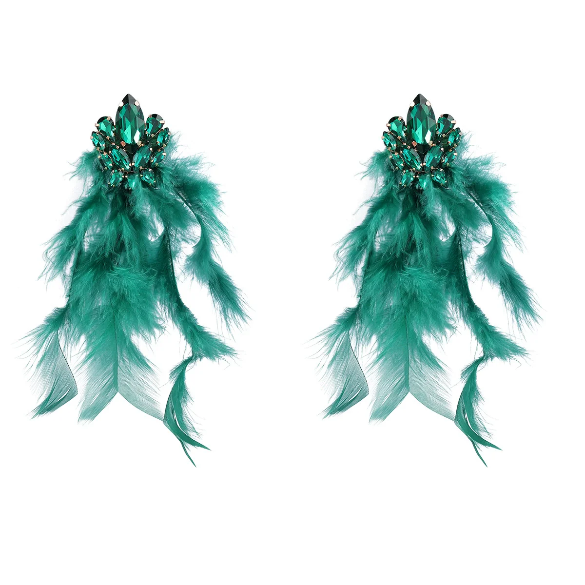 Alloy Diamond Geometric Flower Long Feather Tassel Women's Earrings - Image 5
