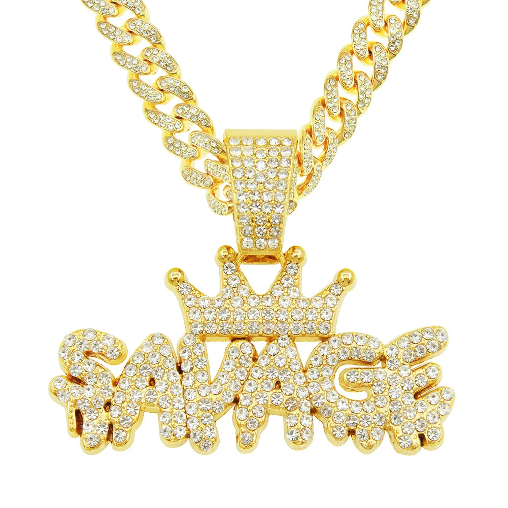 Alloy Diamondencrusted Geometric Letter Pendant Cuban Chain Necklace For Men Hiphop Style