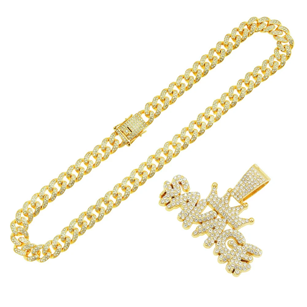 Alloy Diamondencrusted Geometric Letter Pendant Cuban Chain Necklace For Men Hiphop Style - Image 5