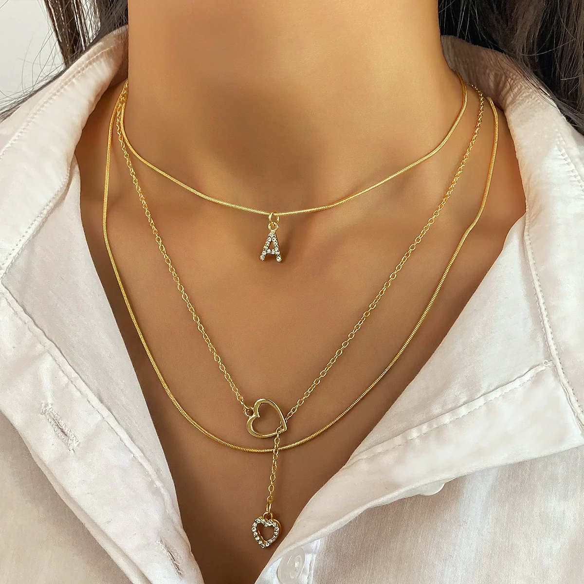 Alloy Diamondencrusted Love Pendant Threelayer Necklace With Letter Pattern For Women